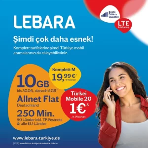 Lebara şimdi en çok tercih edilen Komplett tarifelerine Türkiye mobil