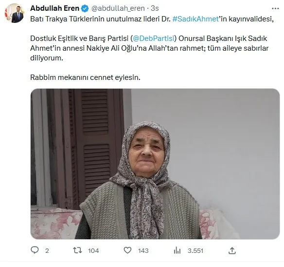 YTB Başkanı Eren, Dr. Sadık Ahmet’in kayınvalidesi için taziye mesajı yayınladı 3 galeri 77w gHhDZKbRiBm2FX9M