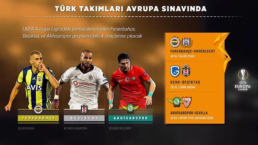 UEFA Avrupa Ligi'ndeki temsilcilerimizden Fenerbahçe, Beşiktaş ve Akhisarspor yarın gruplarındaki